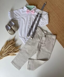 Alternative view of Conjunto Pajem Batizado Infantil Menino Calça Body Gravata Rosa e Suspensório Cinza Premium