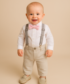 Conjunto Pajem Batizado Infantil Menino Calça Body Gravata Rosa e Suspensório Cinza Premium