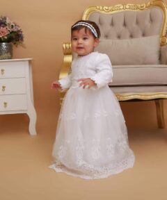 Mandrião Manga Longa Vestido Infantil Bebê Batizado Renda Branco +Touca Luxo