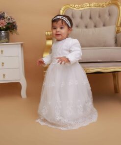 Mandrião Infantil de Batizado Vestido Valentina Manga Longa em Tule Bordado com Touca Bebê Branco Luxo