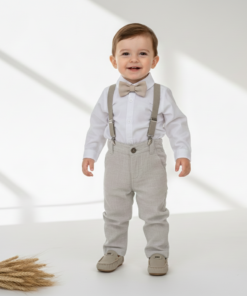 Roupa de Batizado menino Conjunto Bernardo Infantil Menino Body Manga Longa Calça Linho Gravata e Suspensório Bege Premium