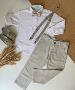 Alternative view of Roupa de batizado menino Augusto Conjunto Camisa Manga Longa Calça Linho Gravata e Suspensório Bege Premium