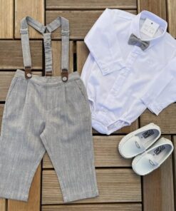 Conjunto Premium Infantil Menino Calça Camisa Gravata e Suspensório Azul Marinho
