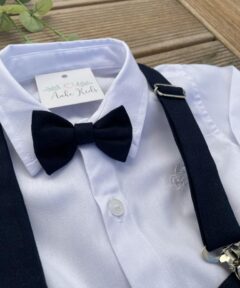 Conjunto Premium Infantil Menino Calça Camisa Gravata e Suspensório Azul Marinho