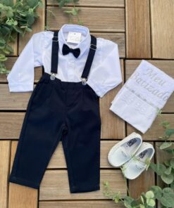 Conjunto Premium Infantil Menino Calça Camisa Gravata e Suspensório Azul Marinho