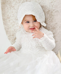 Mandrião Manga Longa Vestido Infantil Bebê Batizado Renda Branco +Touca Luxo