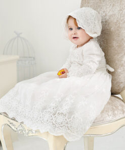 Mandrião Manga Longa Vestido Infantil Bebê Batizado Renda Branco +Touca Luxo