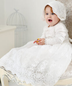 Mandrião Manga Longa Vestido Infantil Bebê Batizado Renda Branco +Touca Luxo