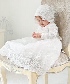Mandrião Manga Longa Vestido Infantil Bebê Batizado Renda Branco +Touca Luxo