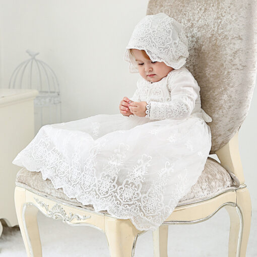Mandrião Manga Longa Vestido Infantil Bebê Batizado Renda Branco +Touca Luxo
