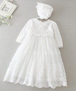 Mandrião Manga Longa Vestido Infantil Bebê Batizado Renda Branco +Touca Luxo