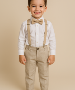 Roupa de batizado menino Augusto Conjunto Camisa Manga Longa Calça Linho Gravata e Suspensório Bege Premium