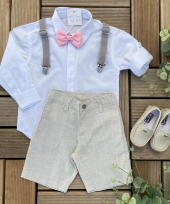 Alternative view of Conjunto Joaquim Premium Pajem Infantil Menino Bermuda Camisa Manga longa Gravata Rosa e Suspensório Cinza