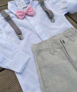 Alternative view of Conjunto Premium Pajem Batizado Infantil Menino Bermuda Body Gravata Rosa e Suspensório Cinza