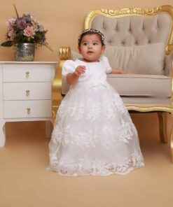 Mandrião Infantil Batizado Isis em Organza Bordada Bebê Vestido com Manga Princesa Branco Luxo