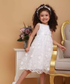 Vestido Eloá infantil bebê batizado Renda e Laço Branco Touca Luxo