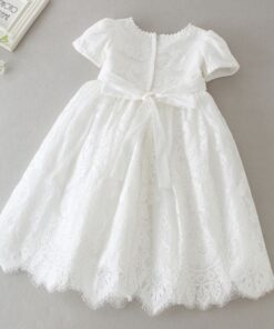 Vestido infantil bebê batizado com faixa rosa Mandrião Renda Branco Touca Luxo