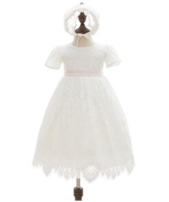 Vestido infantil bebê batizado com faixa rosa Mandrião Renda Branco Touca Luxo