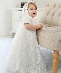 Vestido infantil bebê batizado com faixa rosa Mandrião Renda Branco Touca Luxo