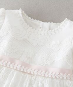 Vestido infantil bebê batizado com faixa rosa Mandrião Renda Branco Touca Luxo