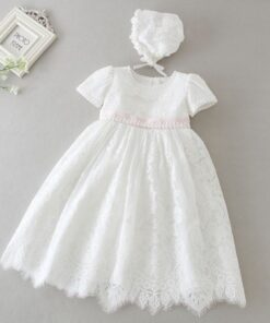 Vestido infantil bebê batizado com faixa rosa Mandrião Renda Branco Touca Luxo