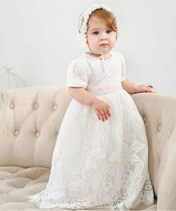 Vestido infantil bebê batizado com faixa rosa Mandrião Renda Branco Touca Luxo