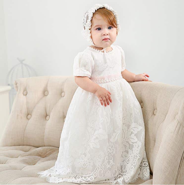 Vestido Isabella Infantil Bebê Batizado com Faixa Rosa Mandrião em Renda  Chantilly Branco Touca Luxo - Auhe Kids