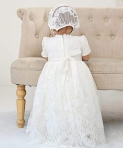 Vestido infantil bebê batizado com faixa rosa Mandrião Renda Branco Touca Luxo