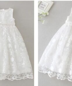 Vestido infantil bebê batizado Mandrião Renda e Laço Branco Touca Luxo