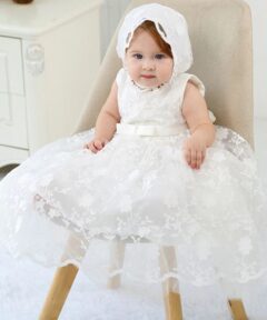 Vestido infantil bebê batizado Mandrião Renda e Laço Branco Touca Luxo