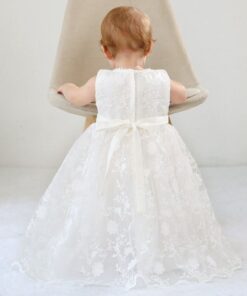 Vestido infantil bebê batizado Mandrião Renda e Laço Branco Touca Luxo