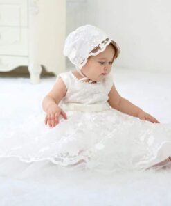 Vestido infantil bebê batizado Mandrião Renda e Laço Branco Touca Luxo