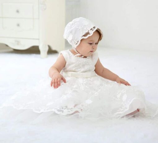 Vestido infantil bebê batizado Mandrião Renda e Laço Branco Touca Luxo