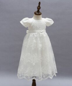 Vestido infantil bebê batizado Mandrião Renda Manga Princesa Branco Luxo