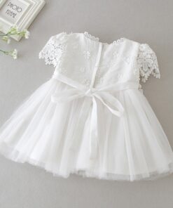 Vestido infantil bebê batizado Renda Manga Curta Branco Luxo