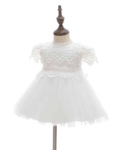 Vestido infantil bebê batizado Renda Manga Curta Branco Luxo