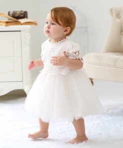 Vestido infantil bebê batizado Renda Manga Curta Branco Luxo