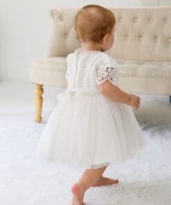 Vestido infantil bebê batizado Renda Manga Curta Branco Luxo