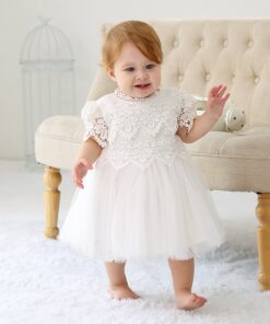 Vestido infantil bebê batizado Renda Manga Curta Branco Luxo