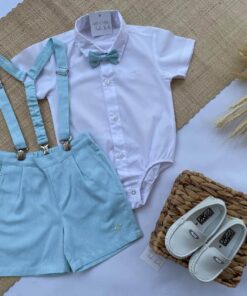Alternative view of Conjunto Premium Infantil Menino Camisa Bermuda e Gravata e Suspensório Verde Água Festas