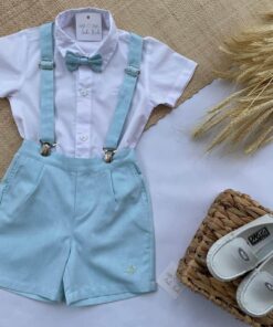 Conjunto Premium Infantil Menino Camisa Bermuda e Gravata e Suspensório Verde Água Festas