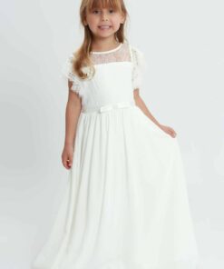 Vestido de Batizado Manuela Longo em Renda e Musseline de Seda Primavera Verão Elegante Festa Daminha Branco Premium Luxo