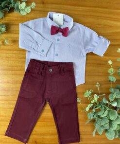 Conjunto Infantil Menino Camisa Manga Longa Azul Calça Vinho e Gravata Borboleta Luxo