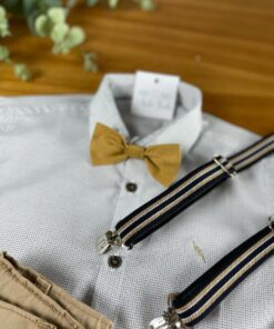 Kit Suspensório Preto Marrom Branco e Gravata Borboleta Infantil Mostarda