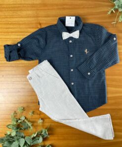 Conjunto Infantil Menino Camisa Manga Longa Xadrez Azul Calça Linho e Gravata Borboleta