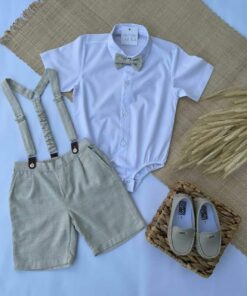 Alternative view of Conjunto Premium em Linho Infantil Menino Camisa Bermuda e Gravata e Suspensório Bege Festas
