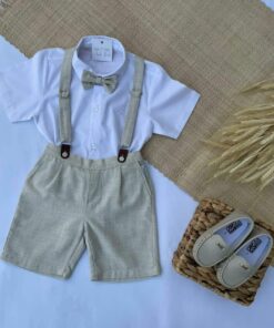 Conjunto Premium em Linho Infantil Menino Camisa Bermuda e Gravata e Suspensório Bege Festas