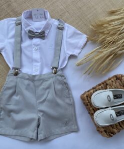 Conjunto Premium Infantil Menino Body Bermuda e Gravata e Suspensório Cinza Luxo