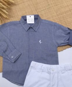 Camisa masculina Azul linha Branca Algodão manga longa infantil menino