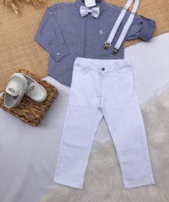 Camisa masculina Azul linha Branca Algodão manga longa infantil menino